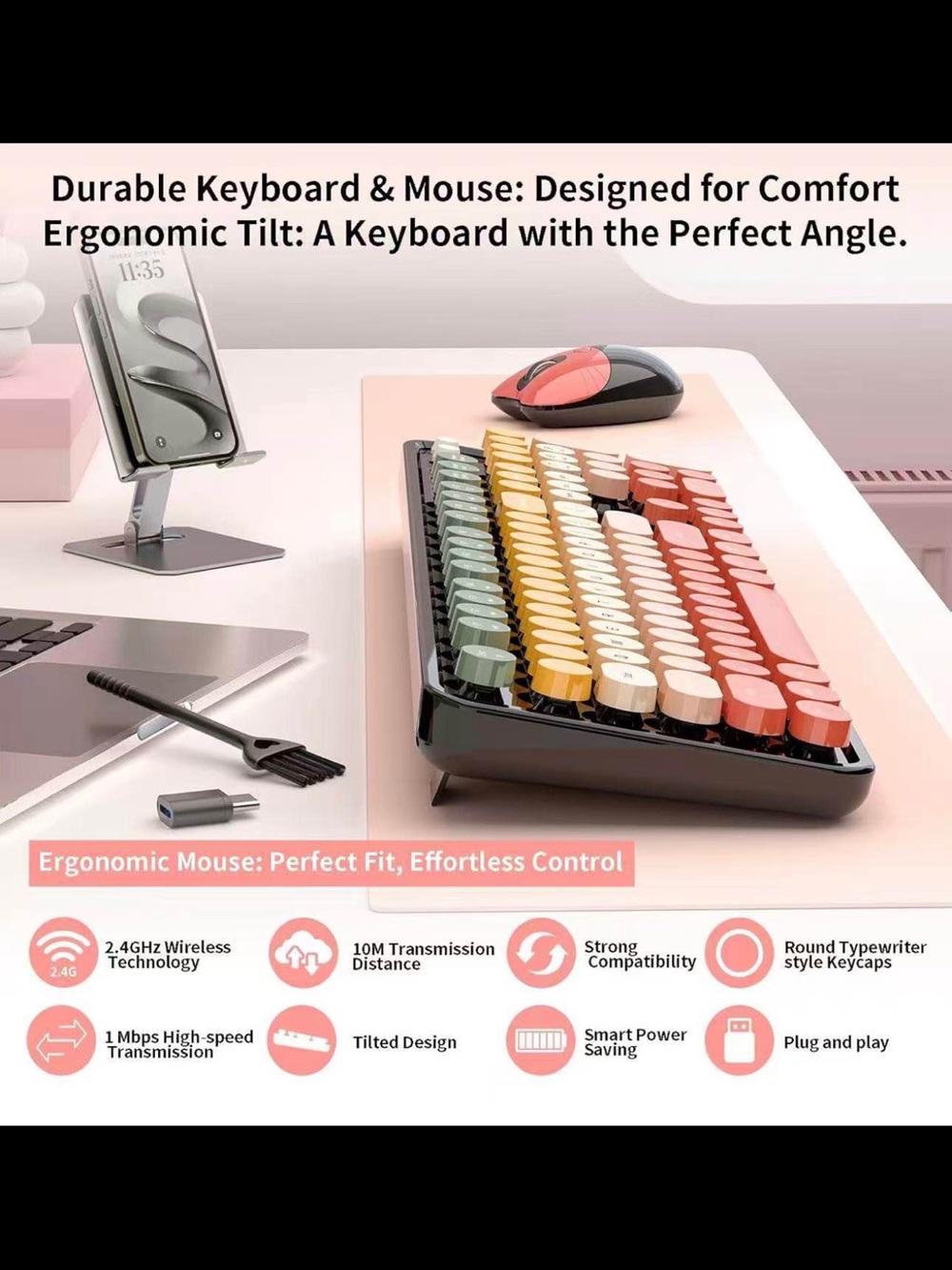 Wireless Retro Round-Key Keyboard & Matching Mouse - Multicolor - Picture 2 of 8